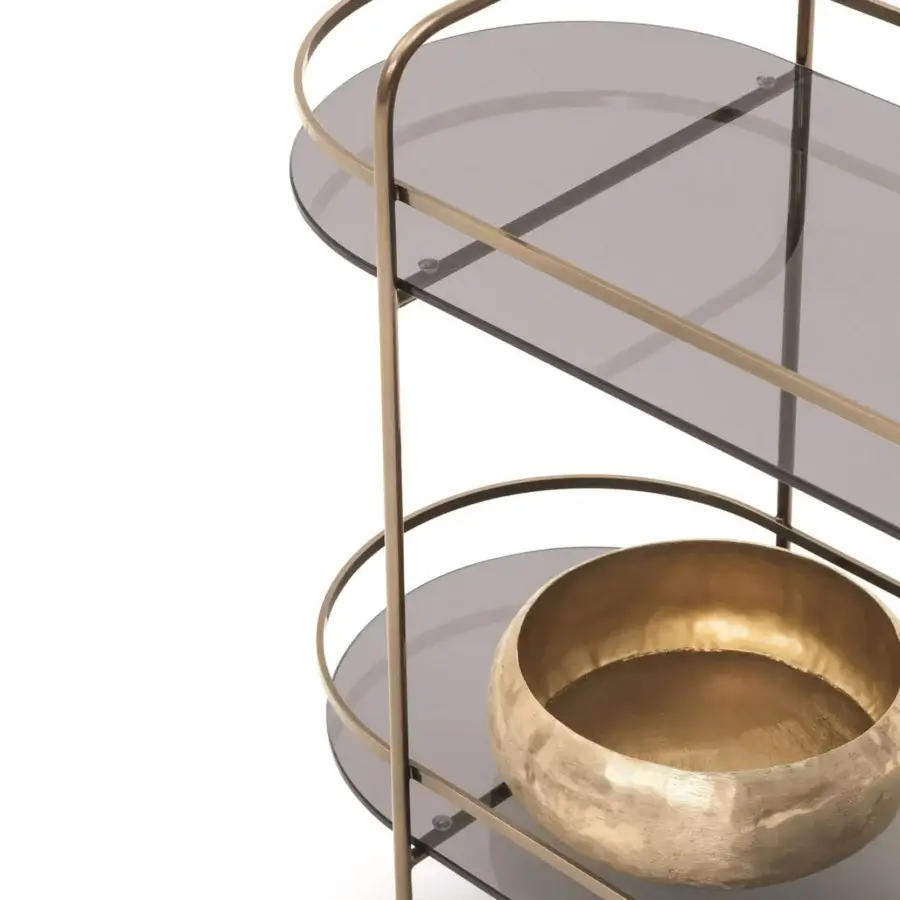 Superior Bontempi Chic trolley crafted in Italy with brassy gold-toned metal and tinted glass, exhibiting a curved silhouette with smooth finish