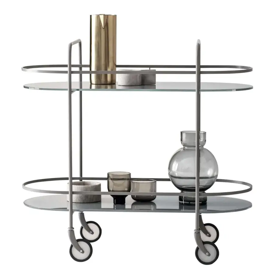 Captivating Bontempi Chic trolley crafted in Italy with transparent glass shelves and muted gray satin metal