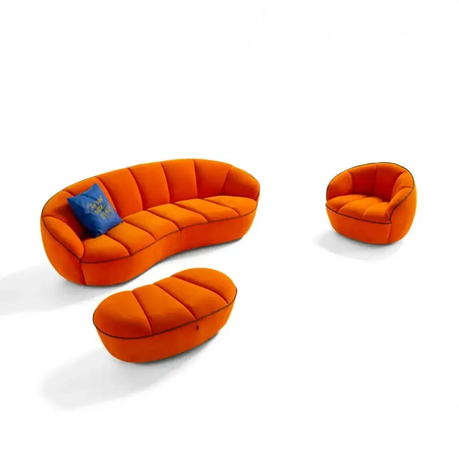 Exceptional Egoitaliano Shai sofa with a curved silhouette upholstered in vibrant orange bi-elastic fabric and vertical stitching