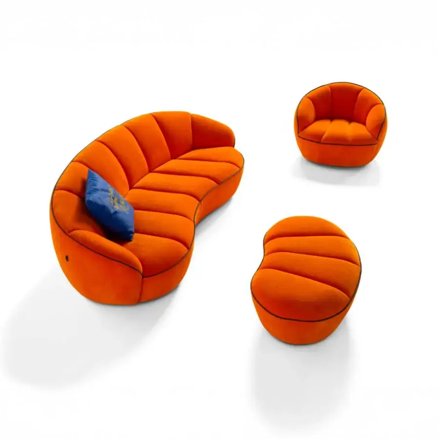 Distinguished Egoitaliano Shai sofa with a curved silhouette crafted in textured bi-elastic fabric and vibrant orange upholstery