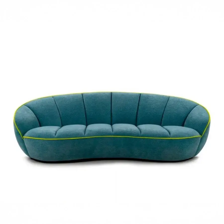 Distinctive Egoitaliano Shai sofa upholstered in vibrant teal blue bi-elastic fabric with lime green detailing and dynamic vertical stitching