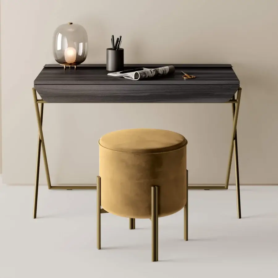 Superior Bontempi Puffoso ottoman upholstered in textured golden yellow velvet with sleek gold-tone metal legs