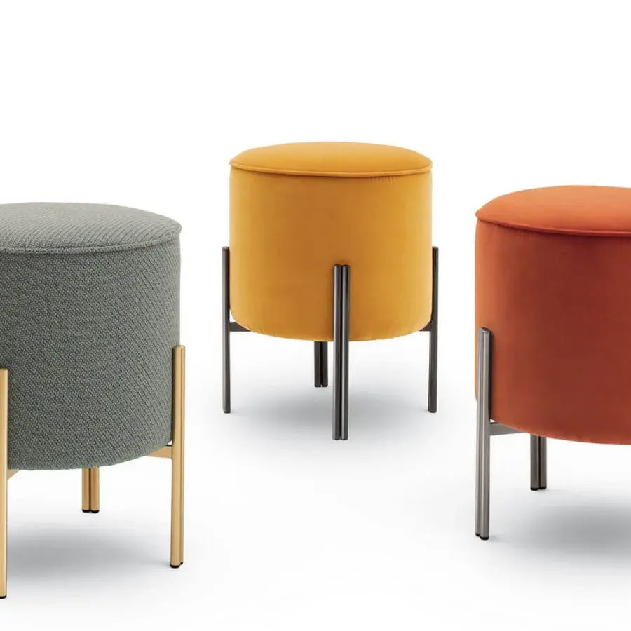 Exceptional Bontempi Puffoso ottoman in muted gray upholstery with slender gold-finished metal legs