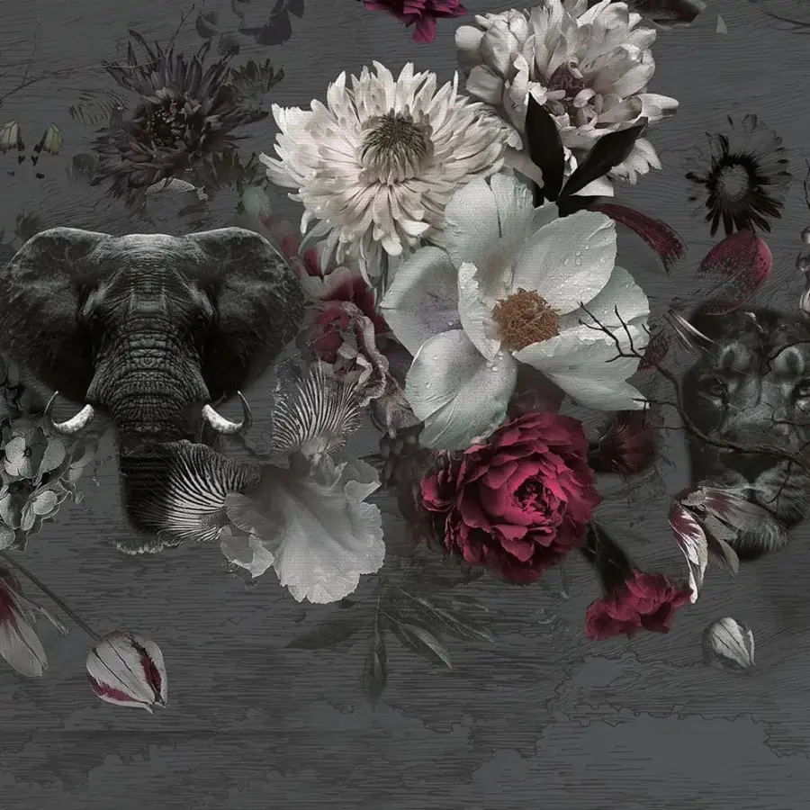 Exceptional Adriani e Rossi Francis wallpaper with intricate floral and wildlife composition in soft pinks, whites, and yellows on a dark gray fiberglass base