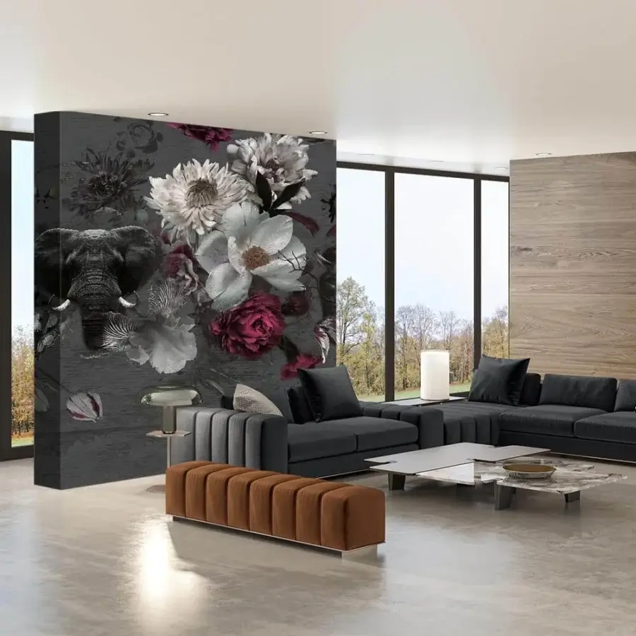 Captivating Adriani e Rossi Francis wallpaper in dark gray and soft pink with a fiberglass finish depicts blooms and wildlife motifs