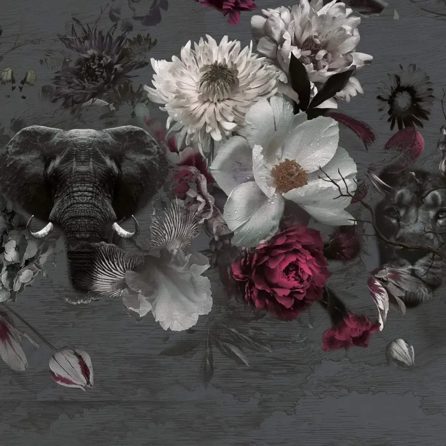 Superior Adriani e Rossi Francis wallpaper with grayscale wildlife and floral motifs in a subtly textured matte finish