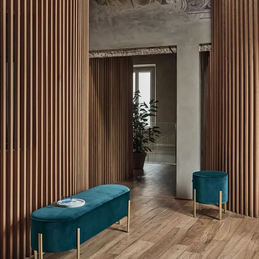 Distinguished Bontempi Puffoso bench in deep teal velvet with slender gold-toned metal legs offers refined comfort