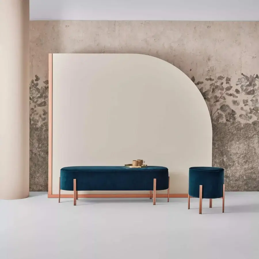 Sophisticated Bontempi Puffoso bench in dark blue textile with rose-gold metal legs embodies Italian luxury