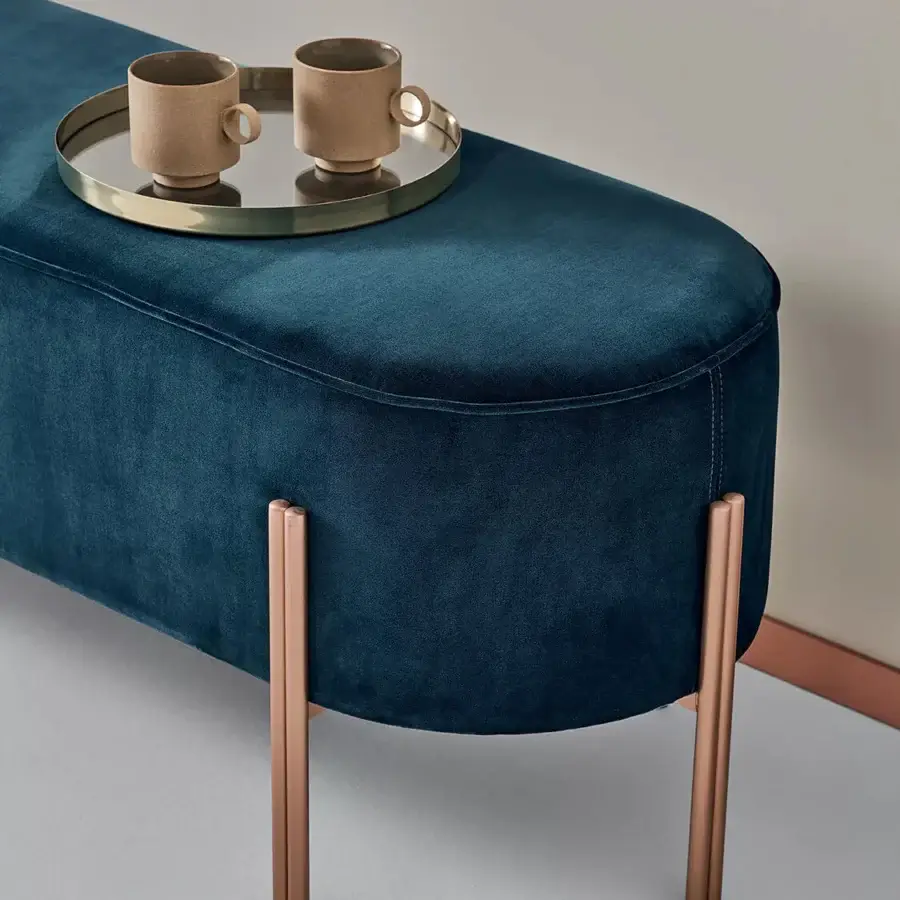 Lavish Bontempi Puffoso bench in deep teal velvet with satin copper-toned metal legs and curved silhouette