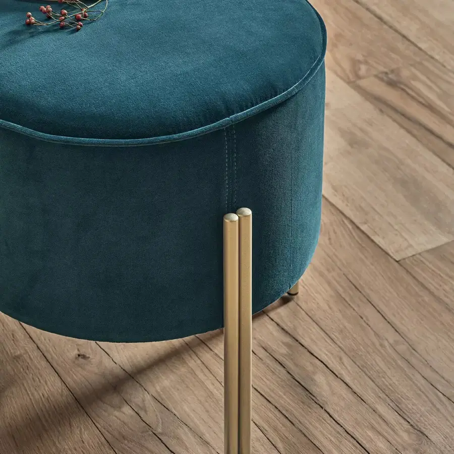 Distinguished Bontempi Puffoso bench in deep teal velvet with satin gold-toned metal leg finish