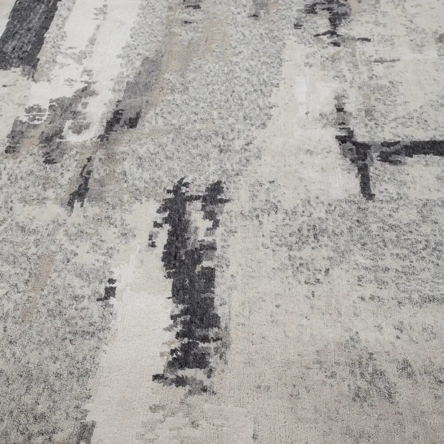 Exceptional Amini Pangea rug hand-knotted with wool and bamboo silk in grayscale tones with hand washing, clipping and carving