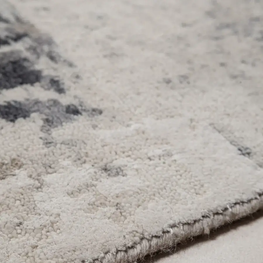 Superior Amini Pangea rug hand-knotted with Tibetan wool and bamboo silk in off-white and gray hues with a hand-washed finish