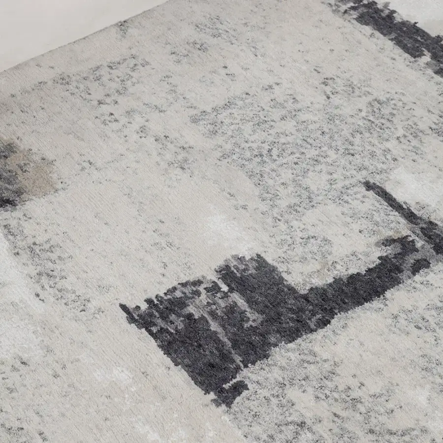 Lavish Amini Pangea rug hand-knotted with wool and bamboo silk in gray and off-white brushstroke markings with a hand-washed finish