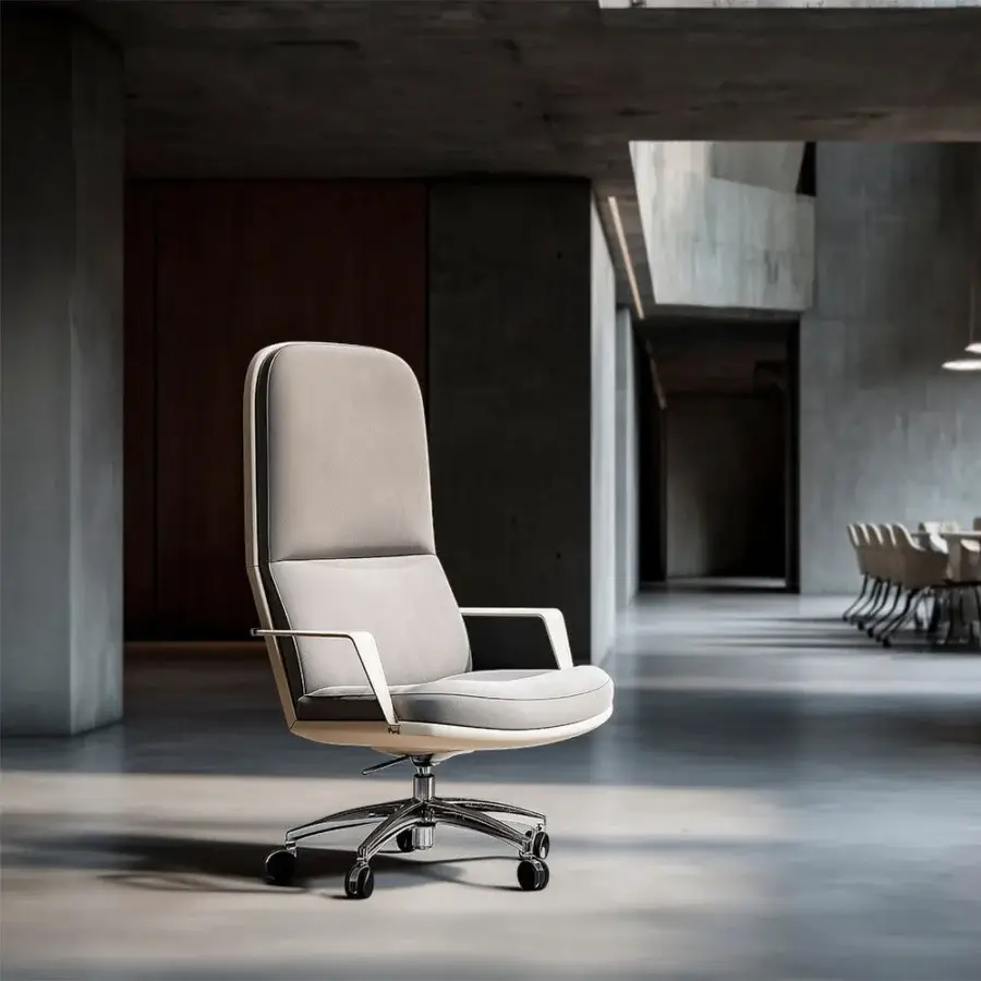 Superior Mascheroni Ingenium office armchair with light gray textile upholstery and polished satin metal base