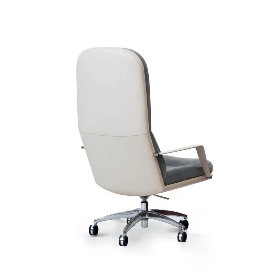 Elegant Mascheroni Ingenium office armchair with light beige and dark gray leather upholstery and polished metal base