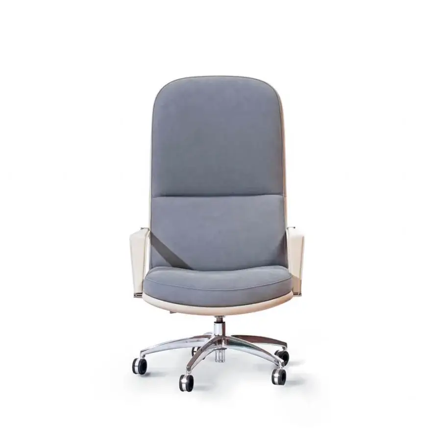 Exceptional Mascheroni Ingenium office armchair with muted gray leather and sculpted armrests crafted with a polished metal base