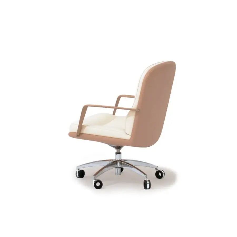 Distinguished Mascheroni Ingenium office armchair in cream and pale peach textile with polished silver metal base and casters