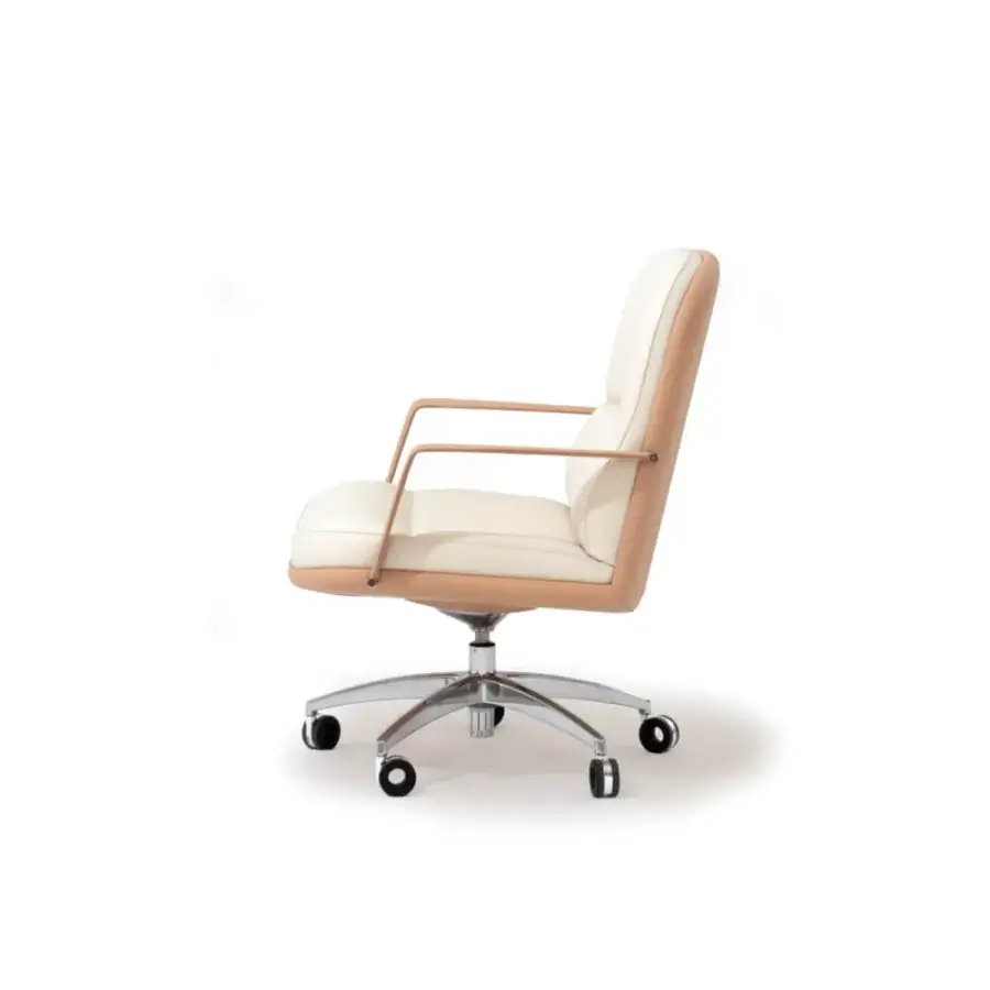 Elegant Mascheroni Ingenium office armchair with light beige and warm tan leather upholstery and polished metal base