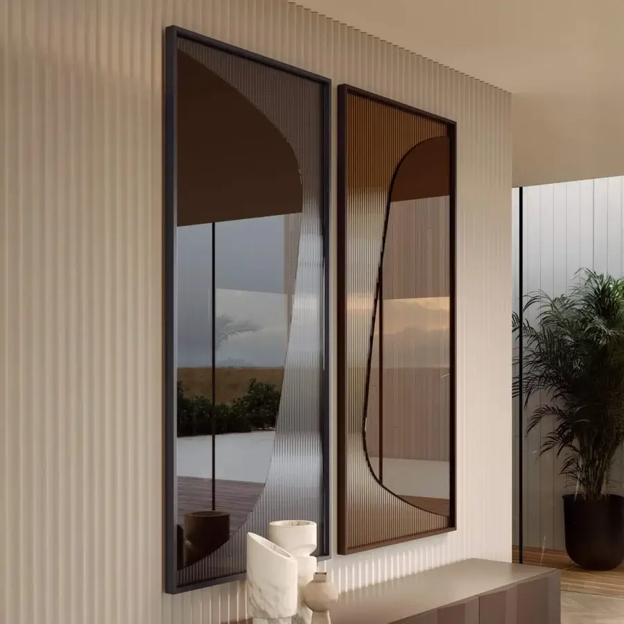 Distinguished Bontempi Impero mirror with smooth and ribbed glass in a dark brown satin-finish wood frame and textured vertical slats