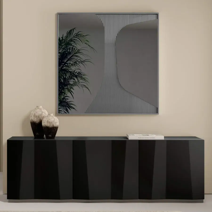 Elegant Bontempi Impero mirror crafted in Italy with subtly ribbed neutral gray glass and a softly undulating surface