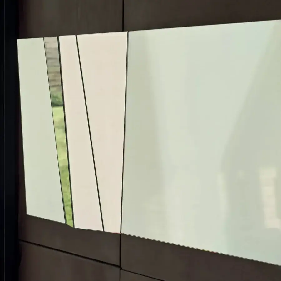 Superior Bontempi Illusion mirror crafted in Italy with faceted glass and dark-toned wood, presenting a glossy finish