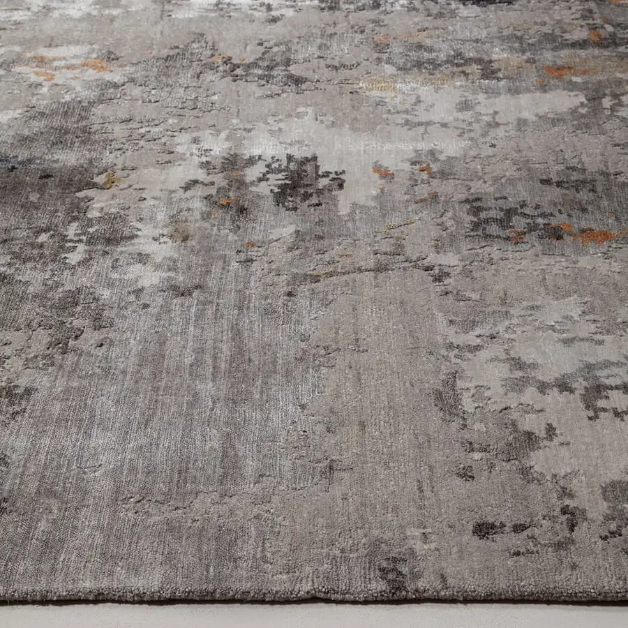 Superior Amini Pangea Geo rug hand-knotted in wool and bamboo silk with blurred grey, rust, and gold tones plus a hand-washed texture
