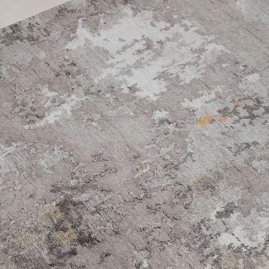 Exceptional Amini Pangea Geo rug hand-knotted in wool and bamboo silk with muted grey, rust, green, and rose tones and a hand-washed texture