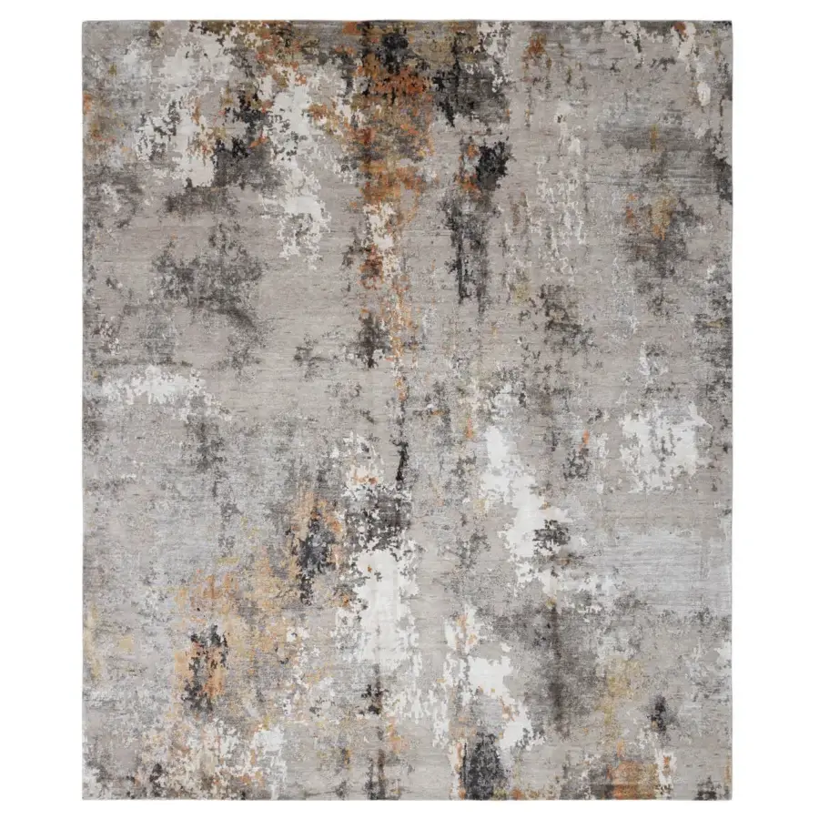 Superior Amini Pangea Geo rug hand-knotted in wool and bamboo silk with grey and rust tones plus a carved finish