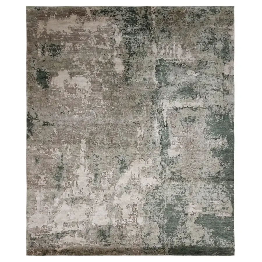 Exceptional Amini Pangea Geo rug hand-knotted in wool and bamboo silk with a distressed, carved finish