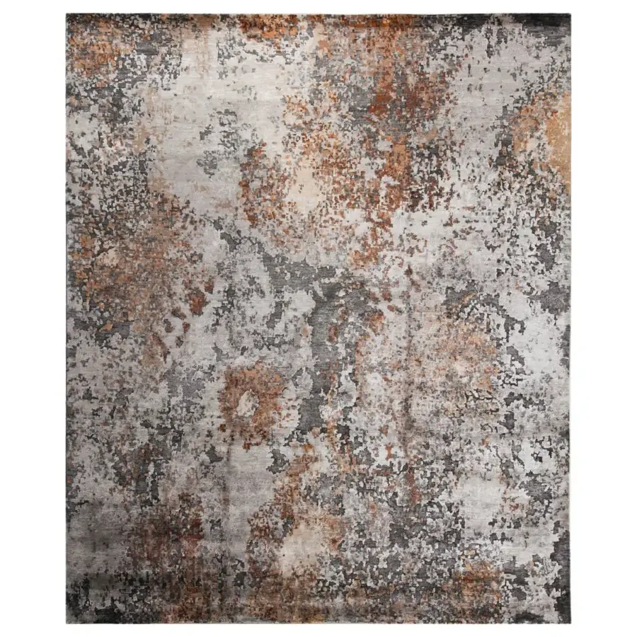 Exceptional Amini Pangea Geo rug hand-knotted in wool and bamboo silk with a subtly distressed, carved finish