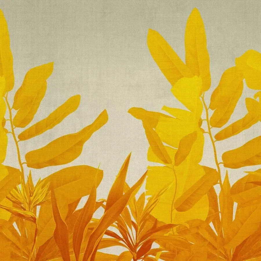 Exceptional Adriani e Rossi Tropicana Herm wallpaper showcases saturated yellow foliage against an orange backdrop with a refined fiberglass base