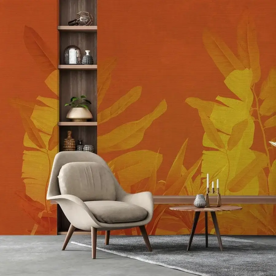 Distinguished Adriani e Rossi Tropicana Herm wallpaper with oversized botanical silhouettes in warm orange and yellow fiberglass