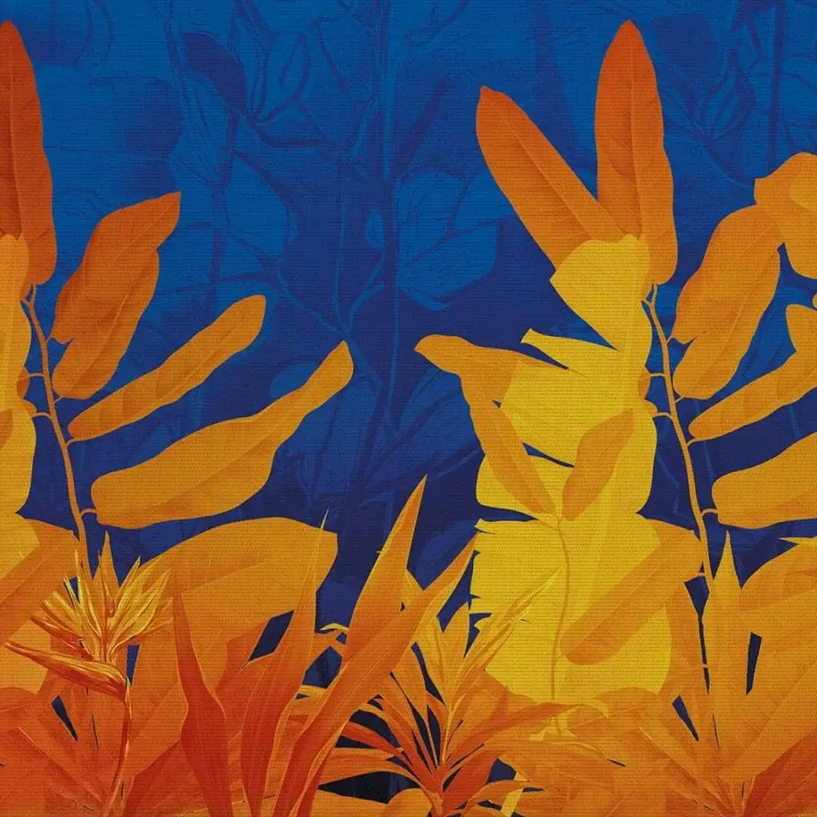 Exceptional Adriani e Rossi Tropicana Herm wallpaper with stylized foliage in vibrant orange and yellow hues against a deep blue fiberglass base