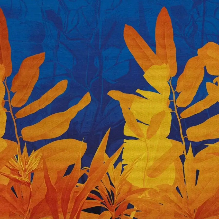 Elegant Adriani e Rossi Tropicana Herm wallpaper with stylized foliage in yellow and orange against a deep blue fiberglass base with matte finish