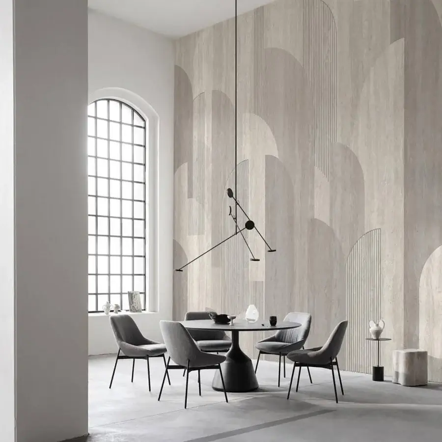 Captivating Adriani e Rossi Arc Design wallpaper with overlapping arcs in muted beige and light gray, crafted with a premium fiberglass base