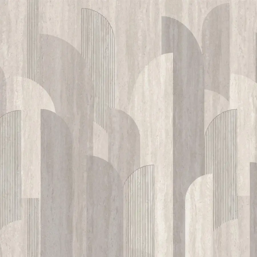 Architectural Adriani e Rossi Arc Design wallpaper with overlapping arcs and subtle vertical stripes in light gray with soft-touch finish