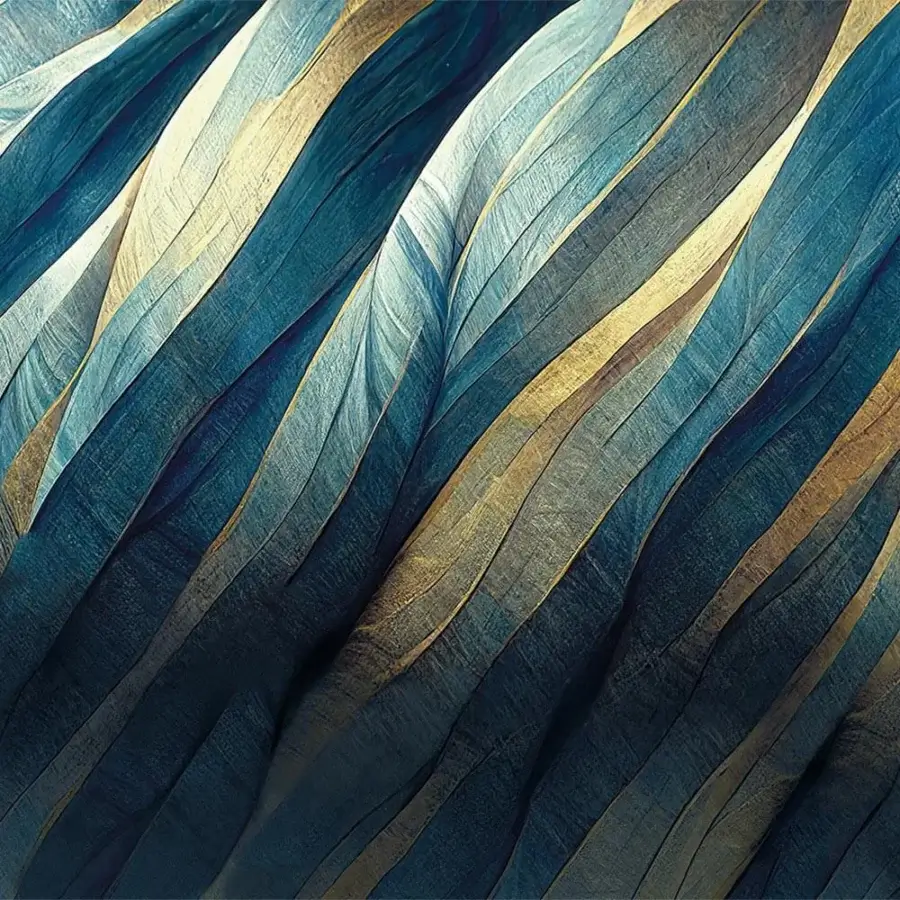Lavish Adriani e Rossi Gold Lines wallpaper exhibits contemporary wave patterns in deep teal and shimmering gold with a luxurious fiberglass base