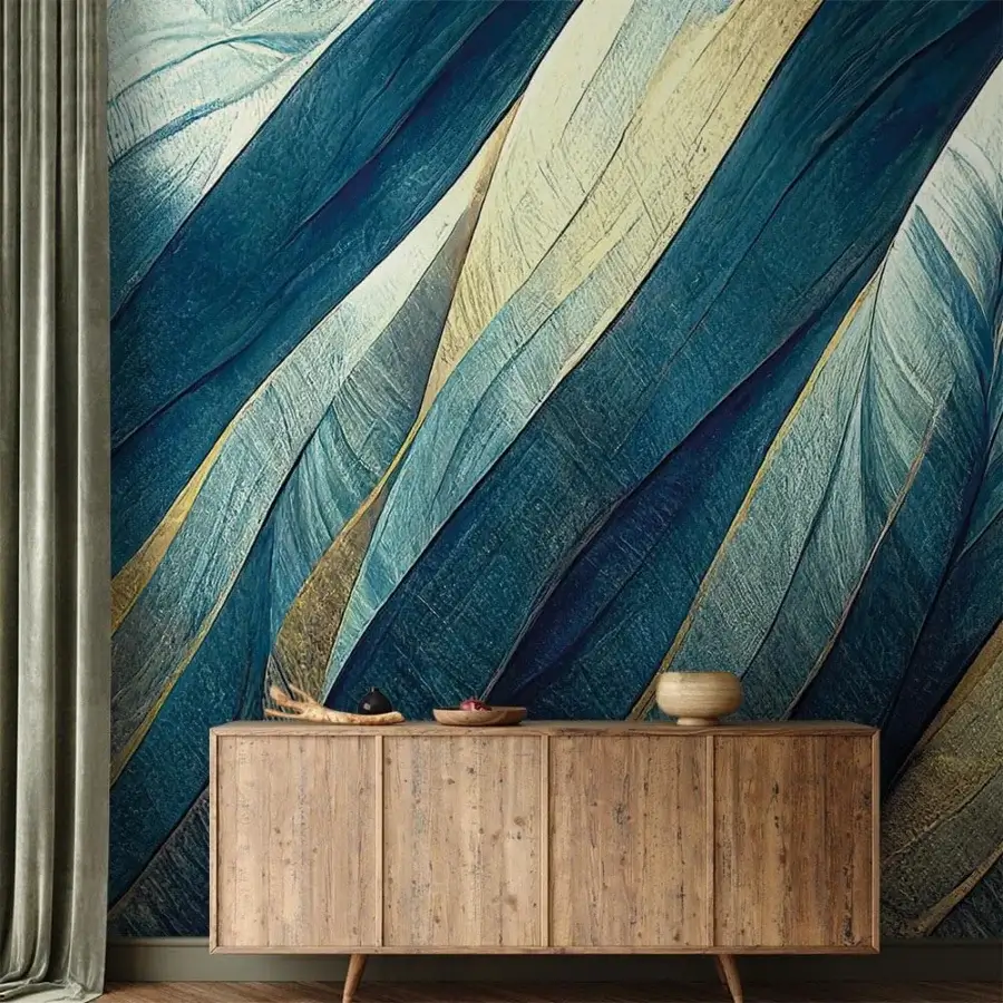 Distinguished Adriani e Rossi Gold Lines wallpaper with sweeping teal and deep blue forms crafted in Italy with lustrous gold accents and a smooth finish