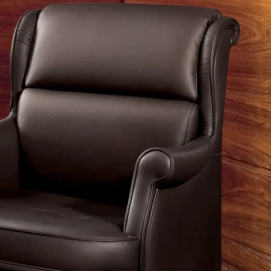 Distinguished Mascheroni Giubileo V Office Armchair crafted in dark brown leather with a substantial wood frame