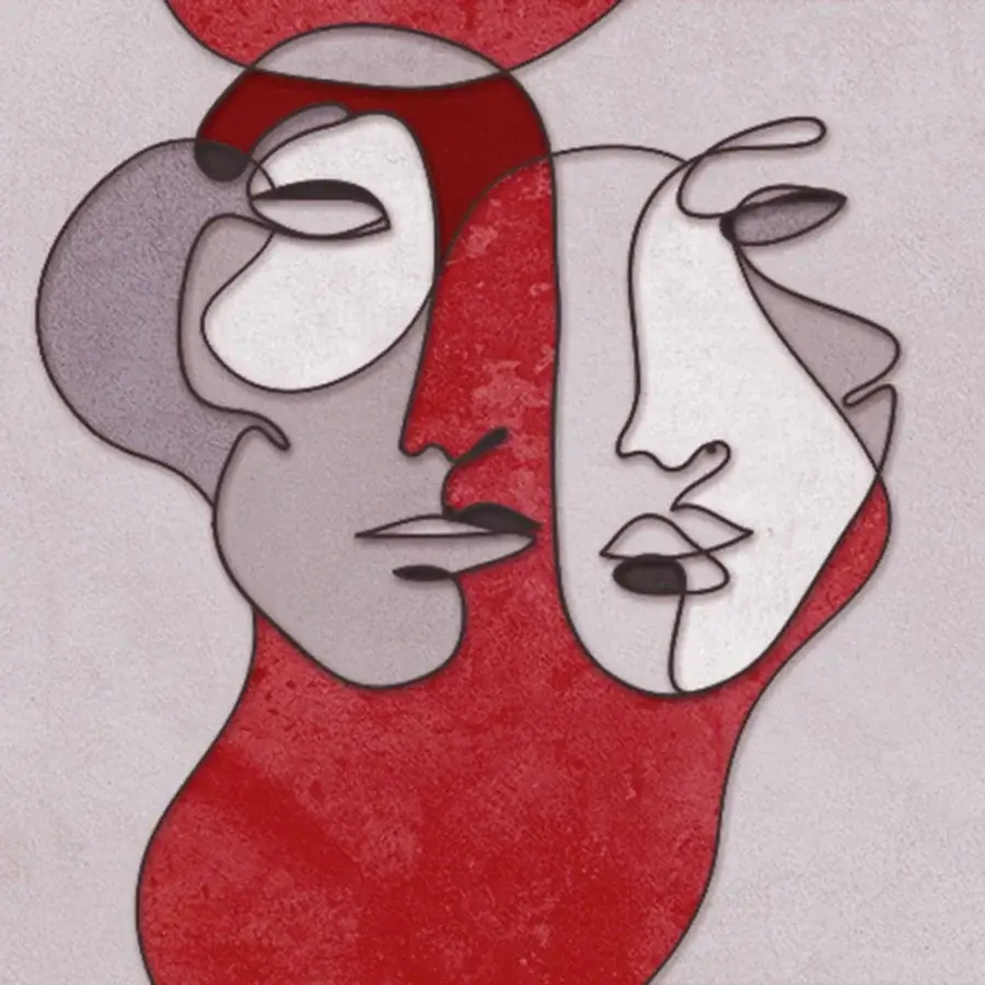 Superior Adriani e Rossi Red Mask wallpaper presents intertwined abstract faces in saturated red with a fiberglass base