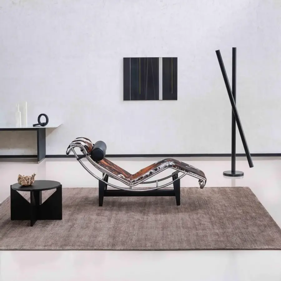 Distinguished Amini Twilight rug crafted in taupe-silver tones with Tibetan wool and natural silk blend exhibiting granular pile finish