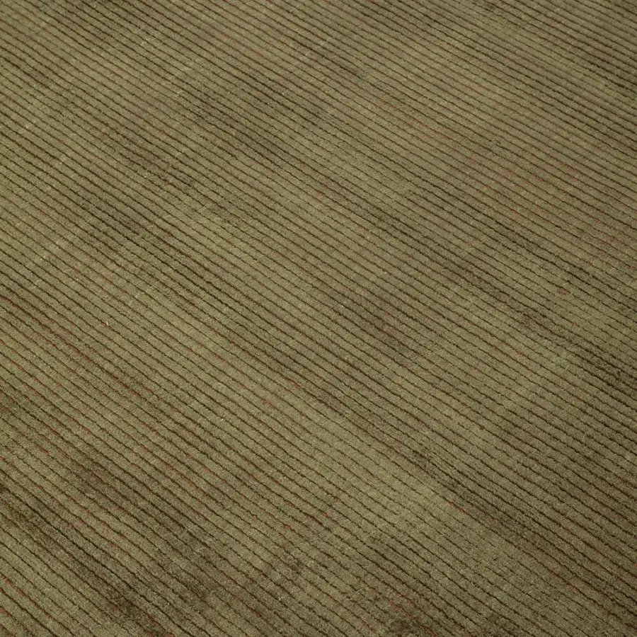 Exquisite Amini Twilight rug hand loomed in Tibetan wool and natural silk with ribbed texture and muted olive green hues