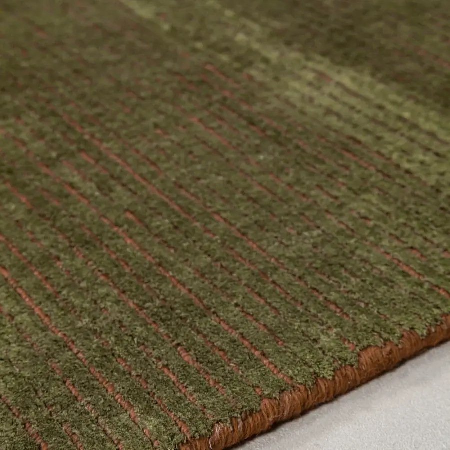 Superior Amini Twilight rug hand loomed in Tibetan wool and natural silk with olive green and reddish-brown stripes and a pile loop finish