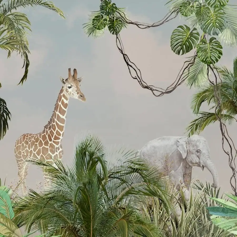 Distinguished Adriani e Rossi Savannah wallpaper with savanna wildlife and foliage in beige to blue gradients and a smooth matte finish