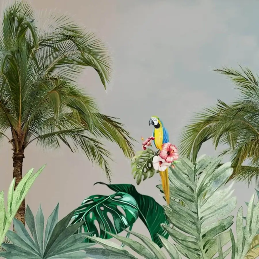 Captivating Adriani e Rossi Savannah wallpaper with tropical motifs and a yellow parrot on a fiberglass base with soft-touch finish
