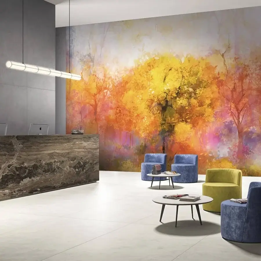 Distinguished Adriani e Rossi Tree Painting wallpaper with abstract forest scene in warm oranges and yellows on a soft-touch base with matte finish