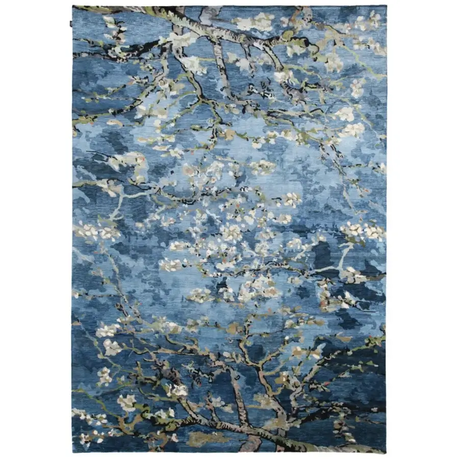 Superior Amini Vincent rug crafted from pure silk in blue and cream tones with hand-knotted blossoming branch depiction and Nepal finish