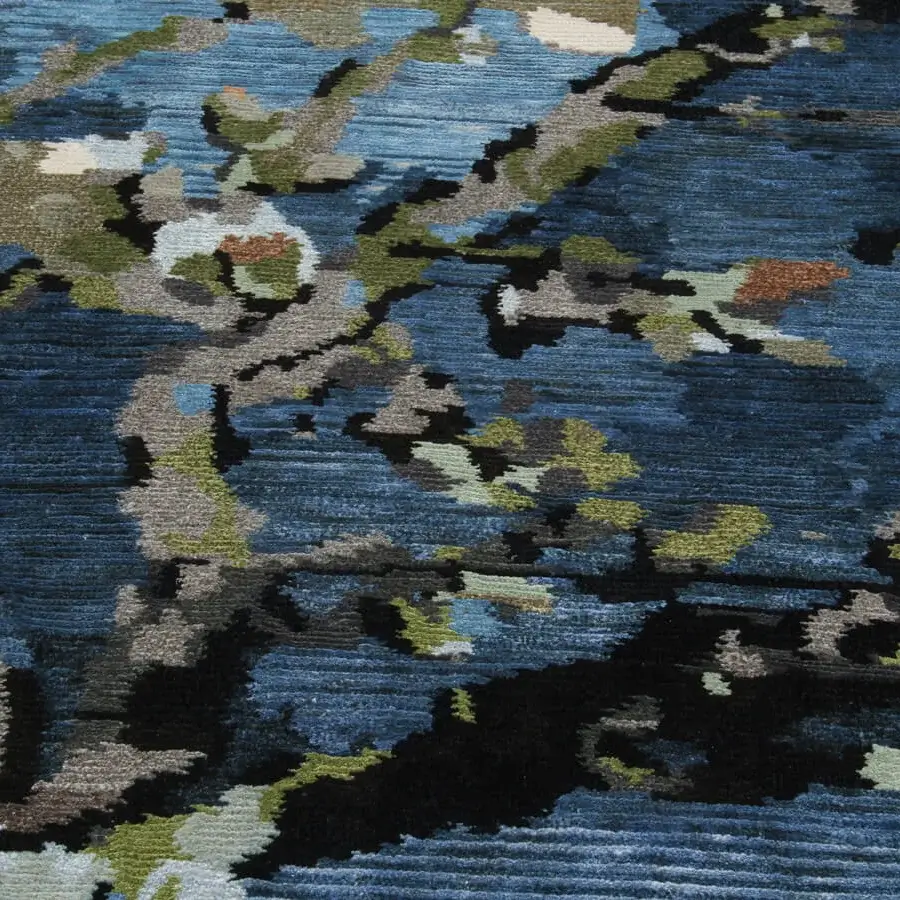 Lavish Amini Vincent rug crafted from pure silk in nuanced blues, greens, beiges, and browns with meticulous hand washing and carving
