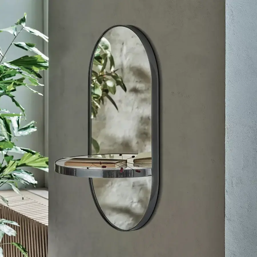 Distinguished Bontempi Pill Mirror wall décor with dark gray metal frame and integrated semi-circular shelf crafted in Italy