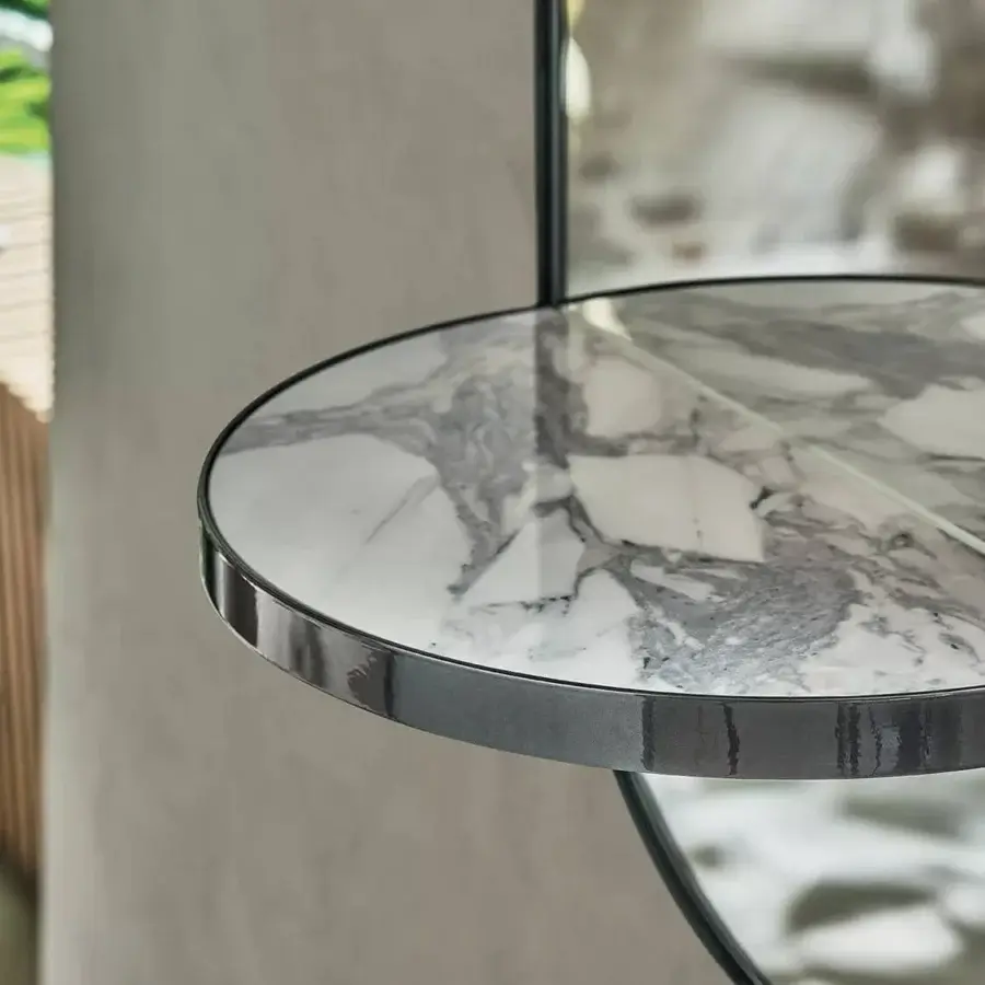 Superior Bontempi Pill Mirror wall décor with marble-patterned surface and dark glossy metallic border crafted with an elegant storage shelf